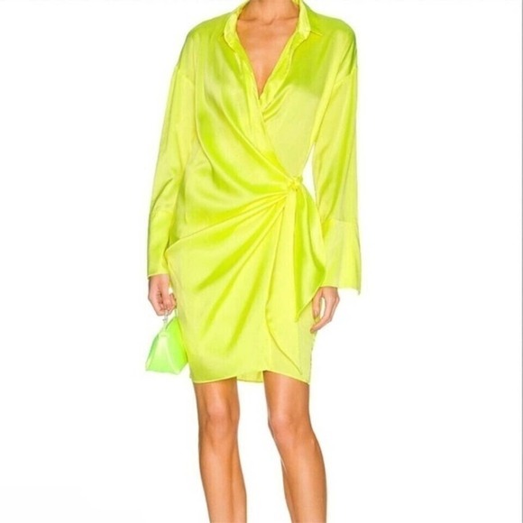 NWOT Revolve Mother of All Gisele Silk Wrap Dress Neon Yellow Women's Size Small - Picture 2 of 6